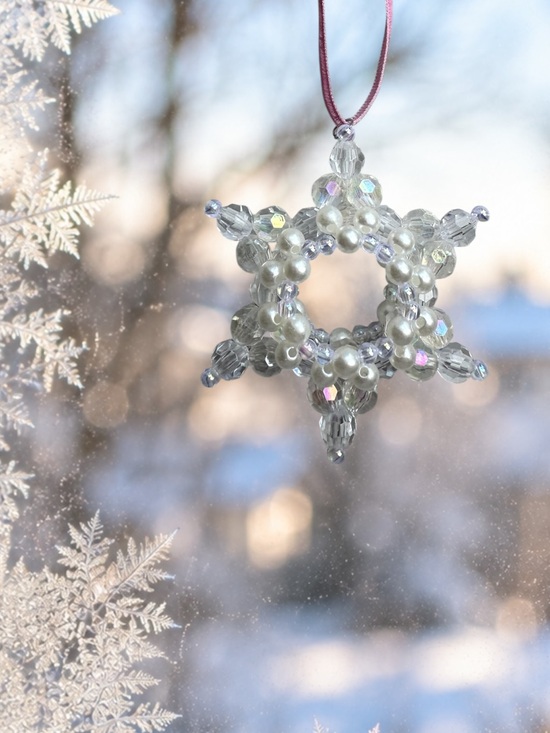 Wild Violet “Frost Petal” Handmade Beaded Star Ornament on Velvet Ribbon